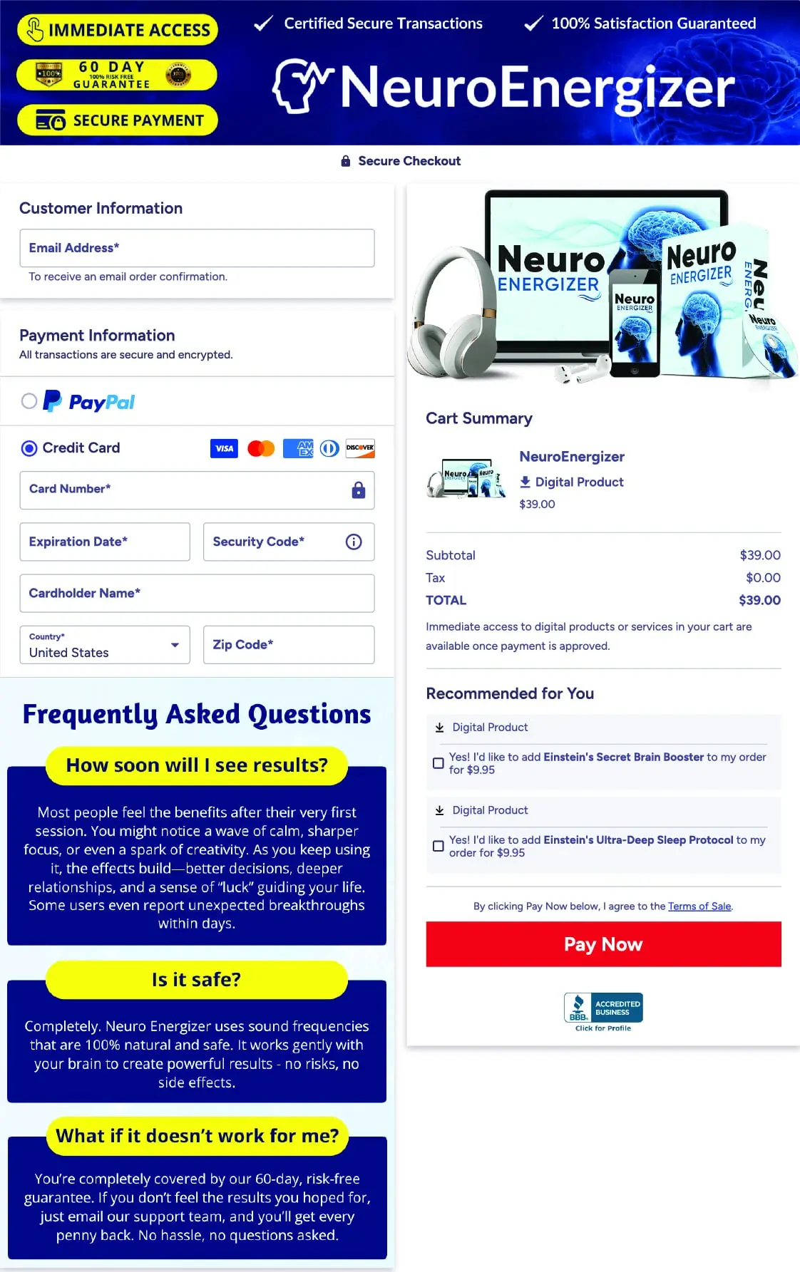 Neuro Energizer Order Checkout Page